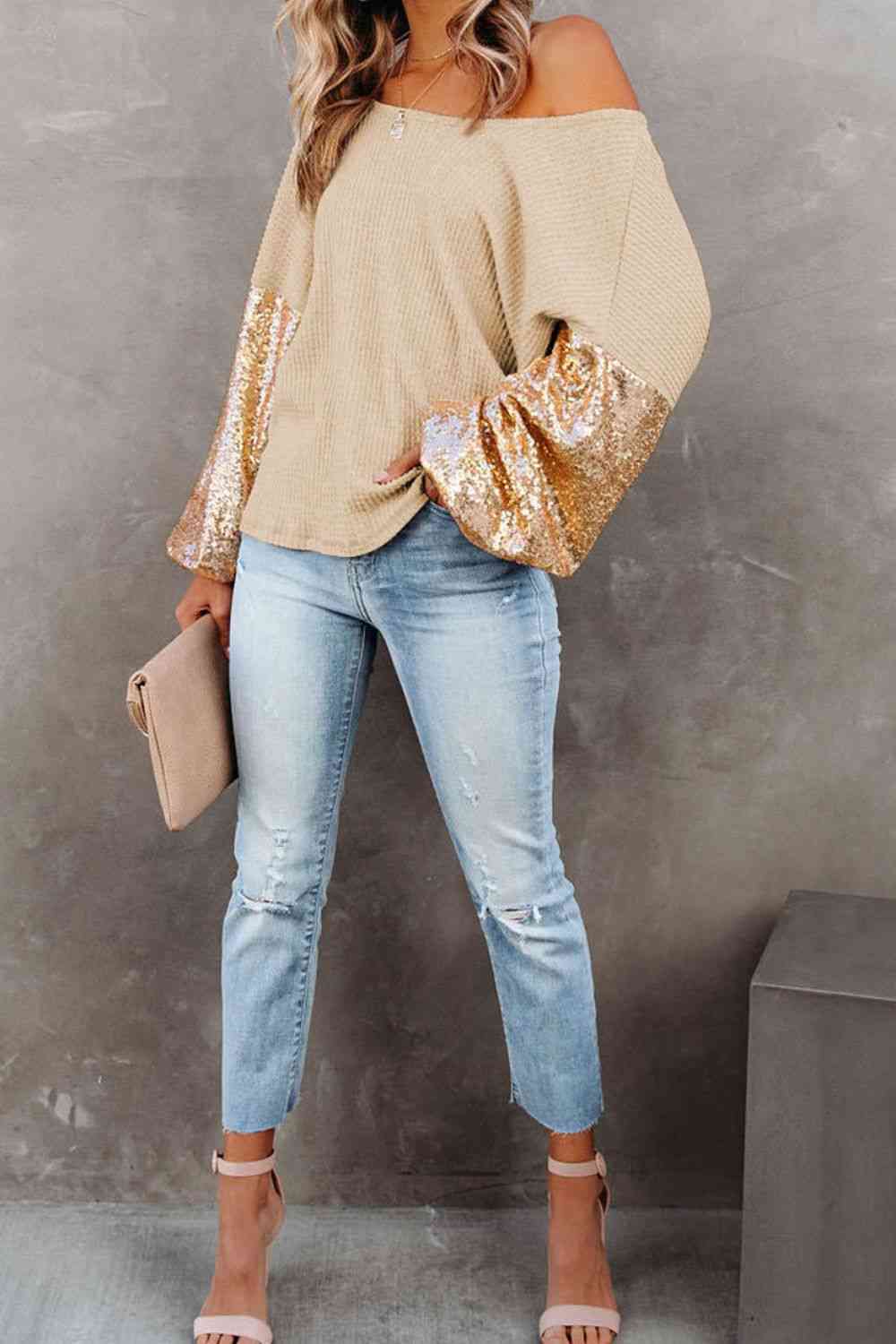 Two Way Any Place Punch Sequin Waffle-Knit Blouse