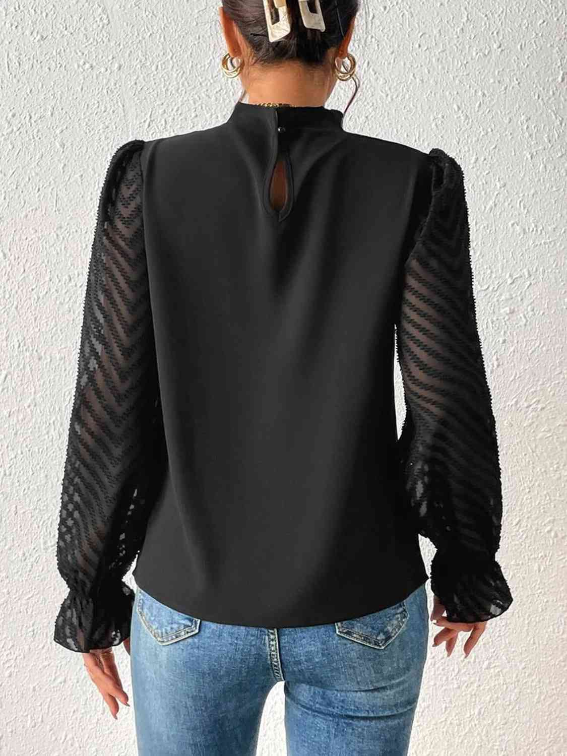 Ruffled Mock Neck anyplace meeting Flounce Sleeve Blouse