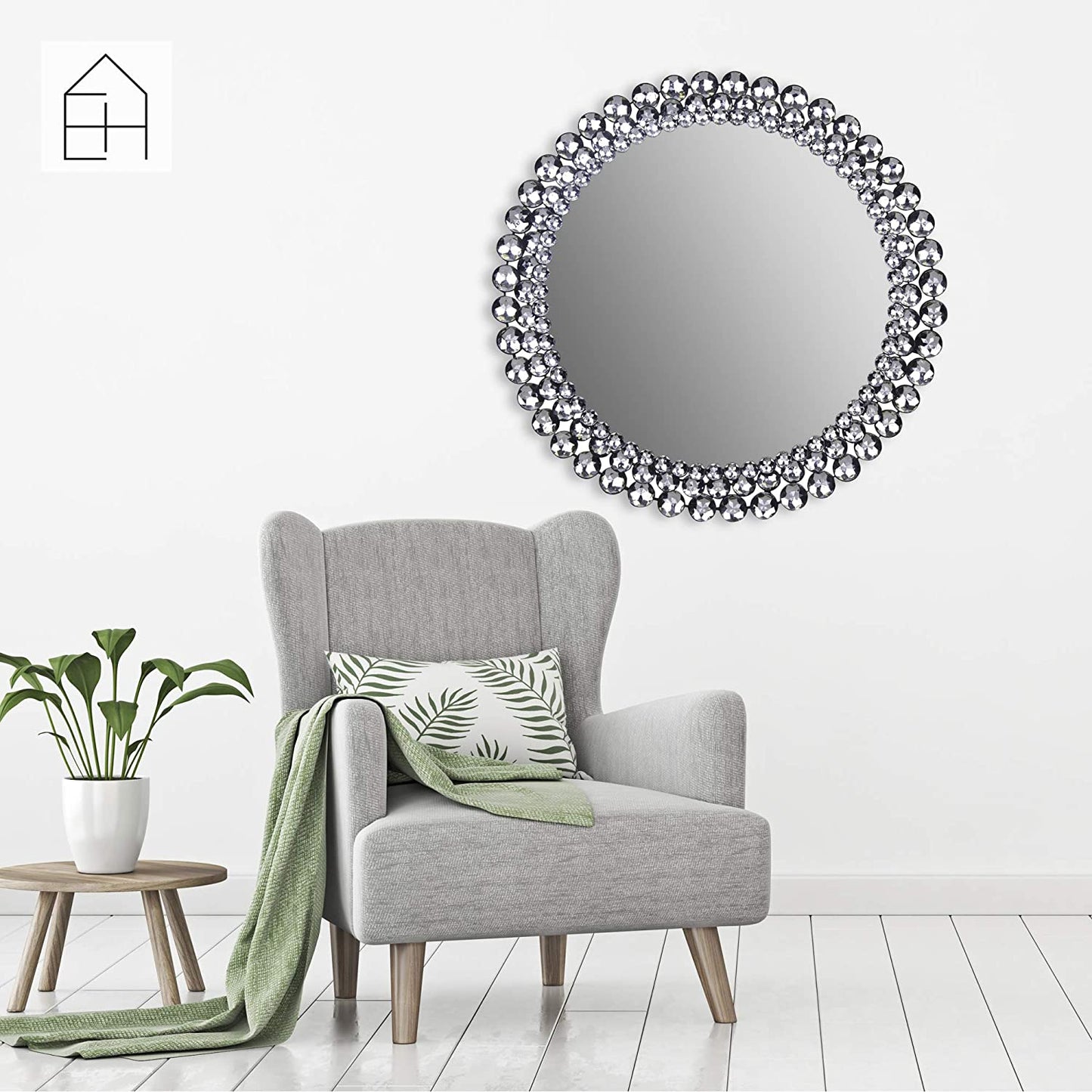 Crystal Silver Round Jeweled Mirror, 24"
