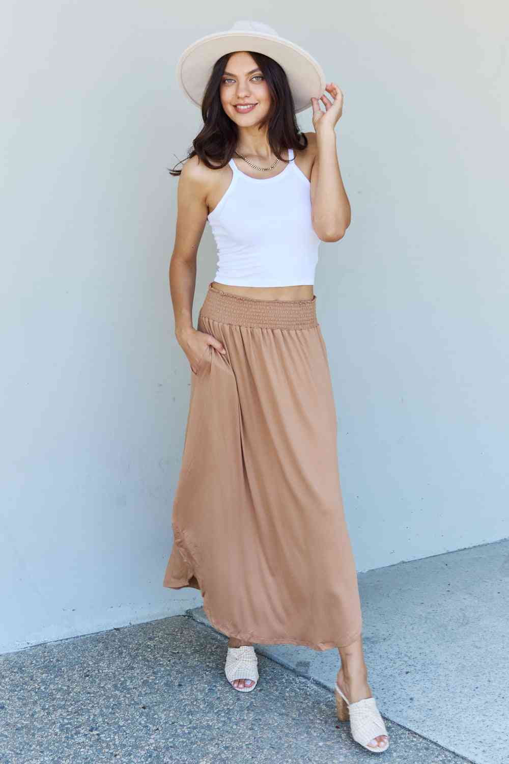 Comfort Easycare Princess Full Size High Waist Scoop Hem Maxi Skirt in Tan