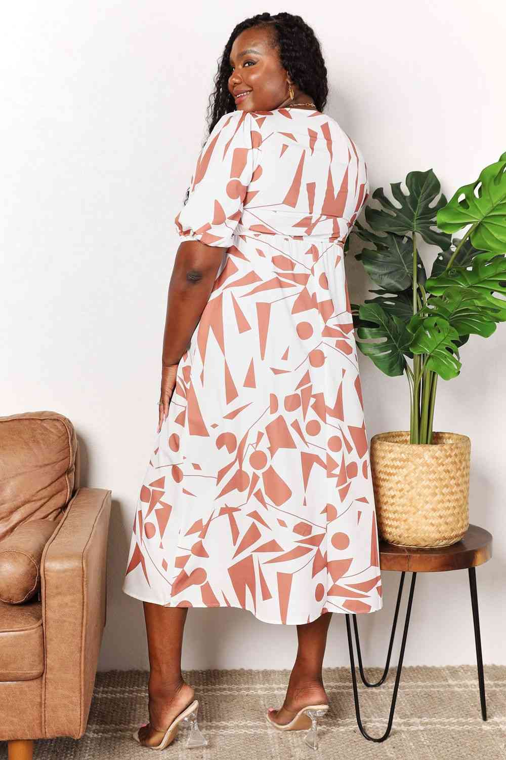 Organic Mud leaves Double Take Printed Surplice Balloon Sleeve Dress