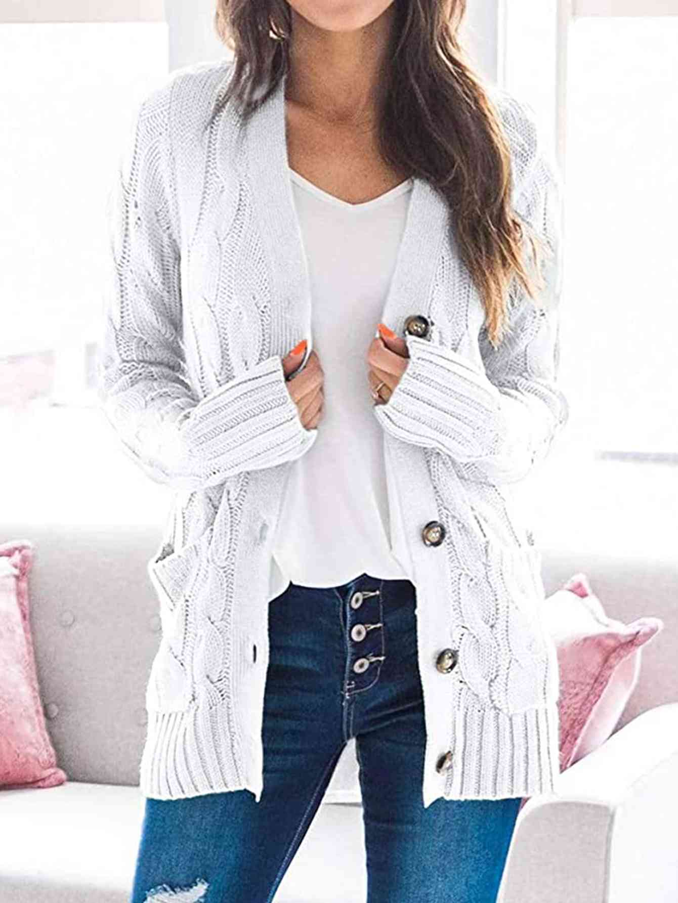 Husband and Wife night Dating Cable-Knit Buttoned Cardigan with Pockets