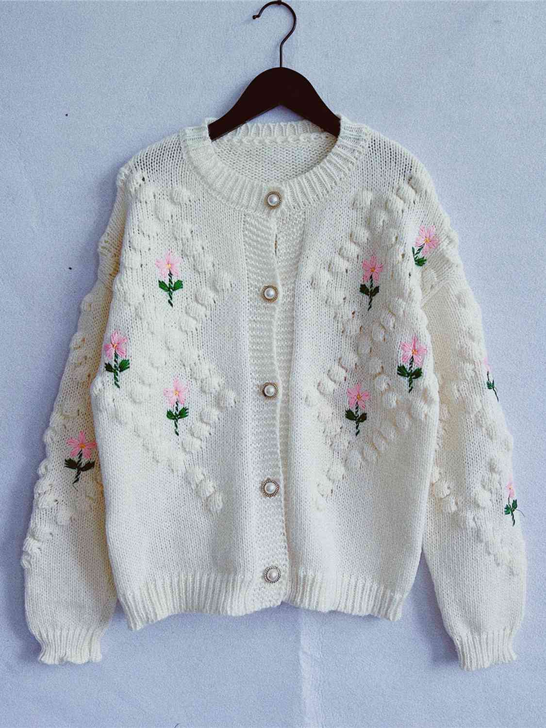 Pink an Green Knitted Floral Button Up Round Neck Long Sleeve Cardigan