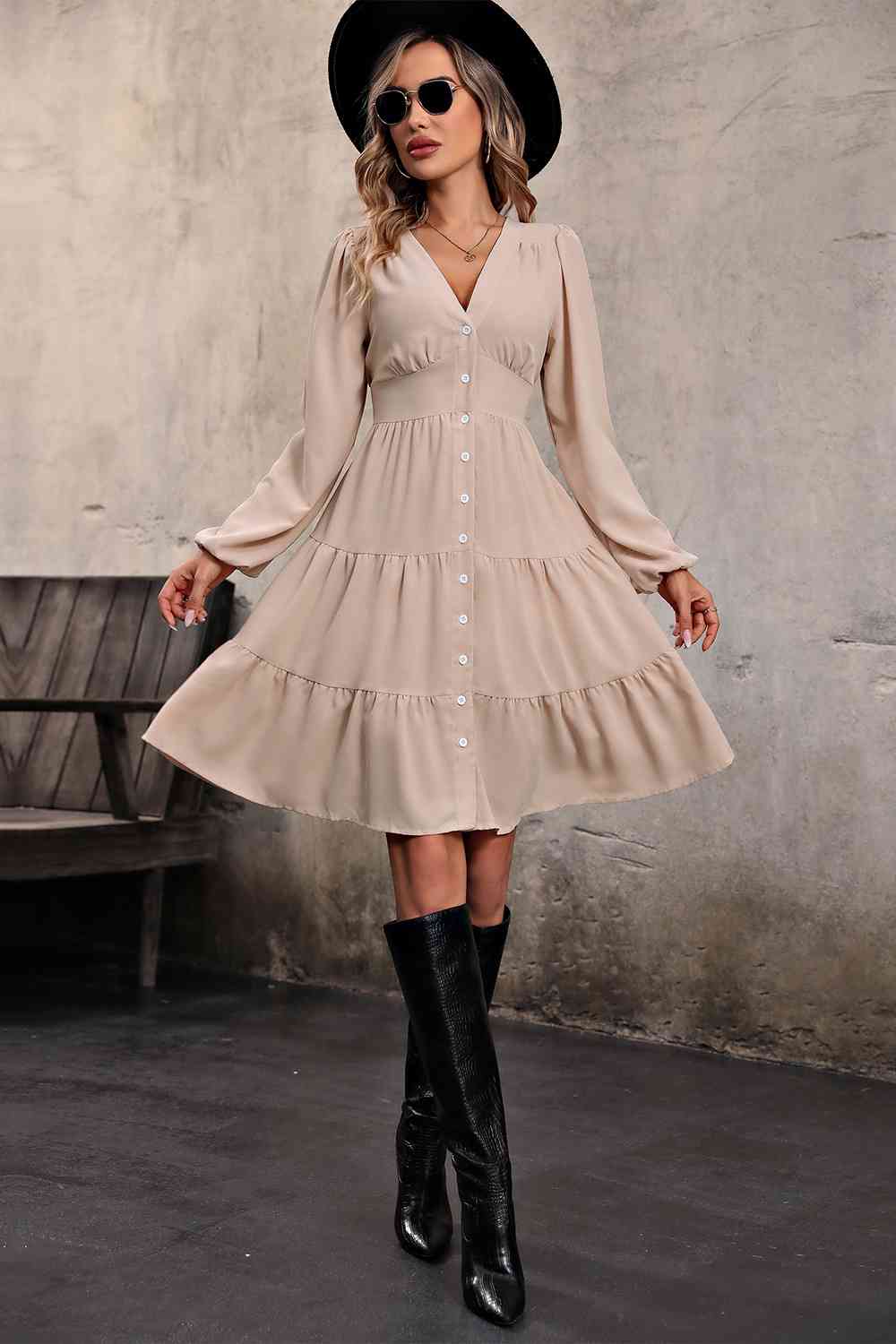 Beige Mid Century V Neck Button Up Tiered Dress