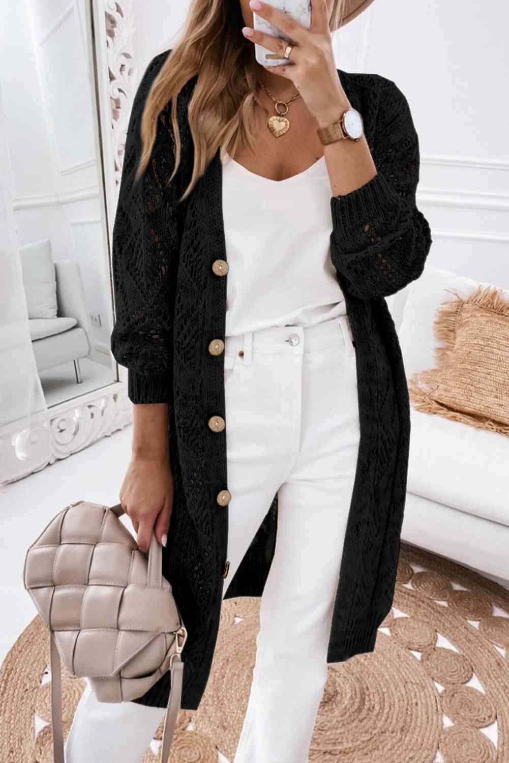 V-Neck Natural Chic Outfit Stone Long Sleeve Cardigan