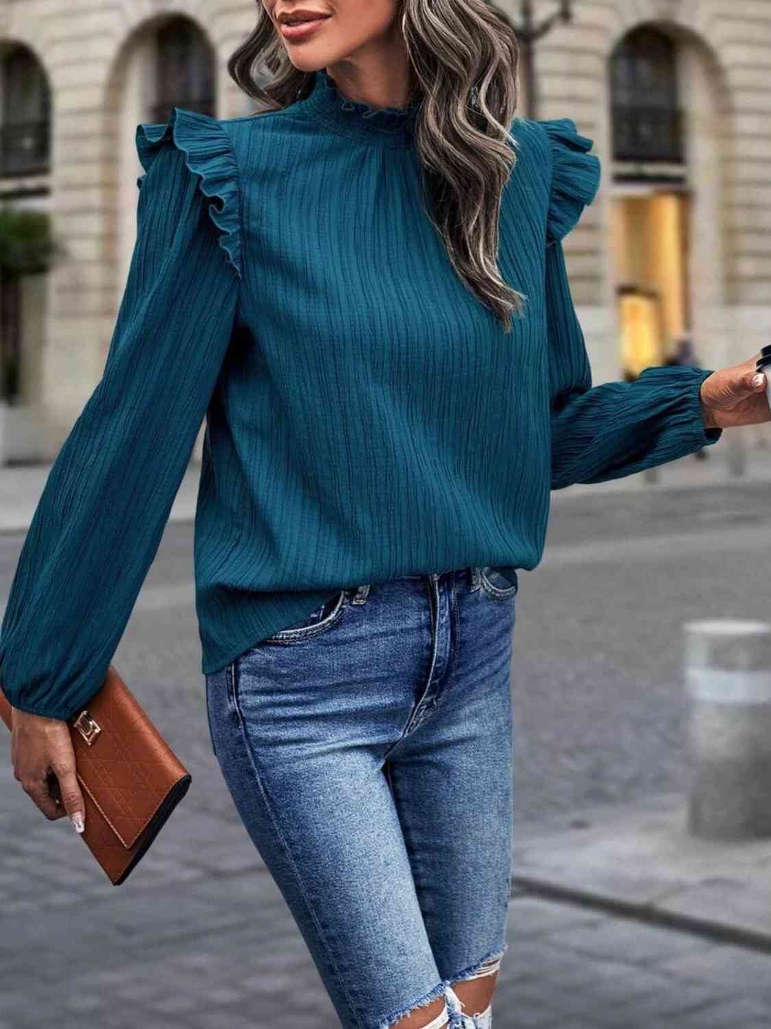 Euro Steps Stamp Memory Mock Neck Ruffle Shoulder Blouse