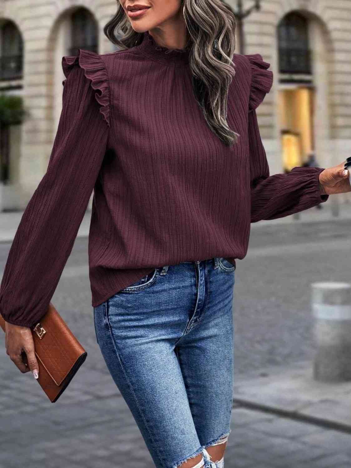 Euro Steps Stamp Memory Mock Neck Ruffle Shoulder Blouse