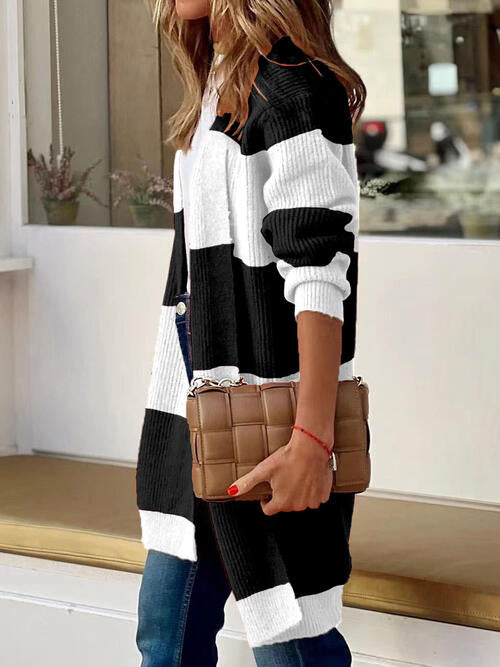 Red Orange/Black Big Stripe Contrast Open Front Long Sleeve Cardigan