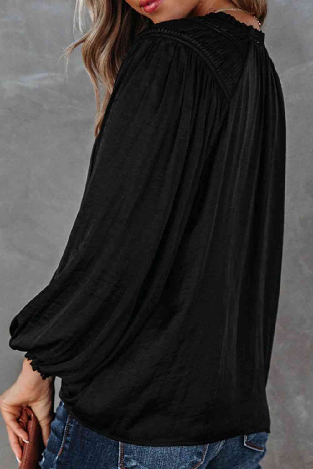 Winkled Sateen Silky Tie Neck Long Sleeve Blouse