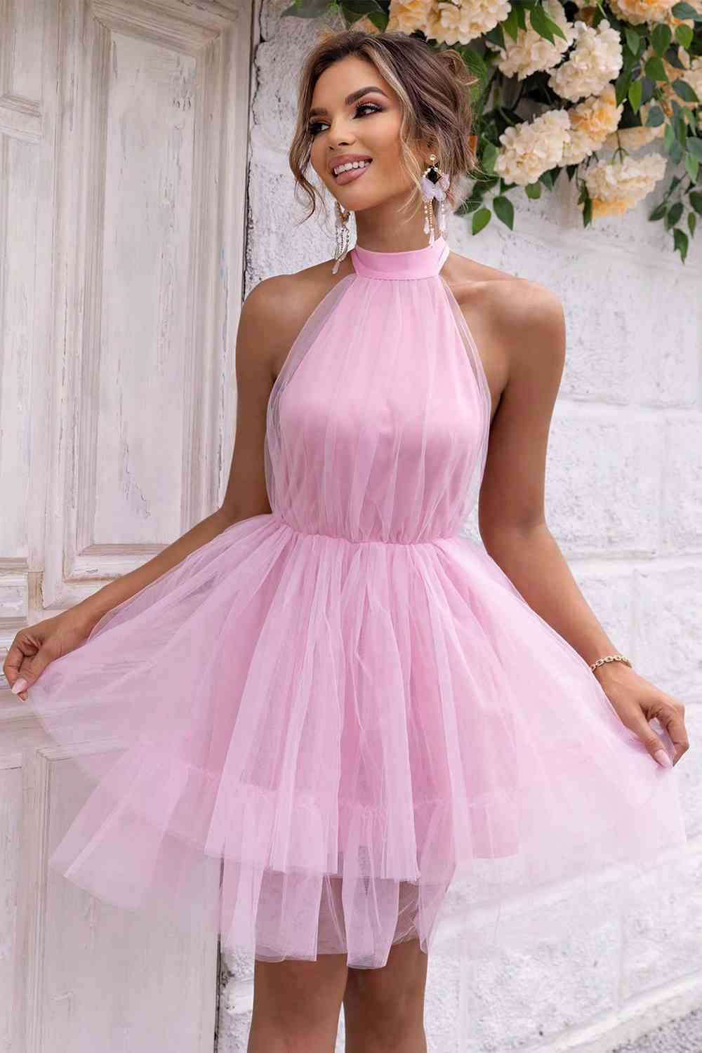 Sheer Fabric Halter Neck Backless Mesh Dress