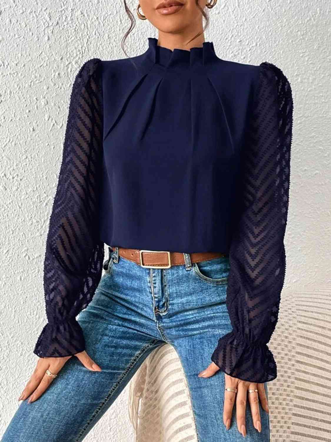 Ruffled Mock Neck anyplace meeting Flounce Sleeve Blouse