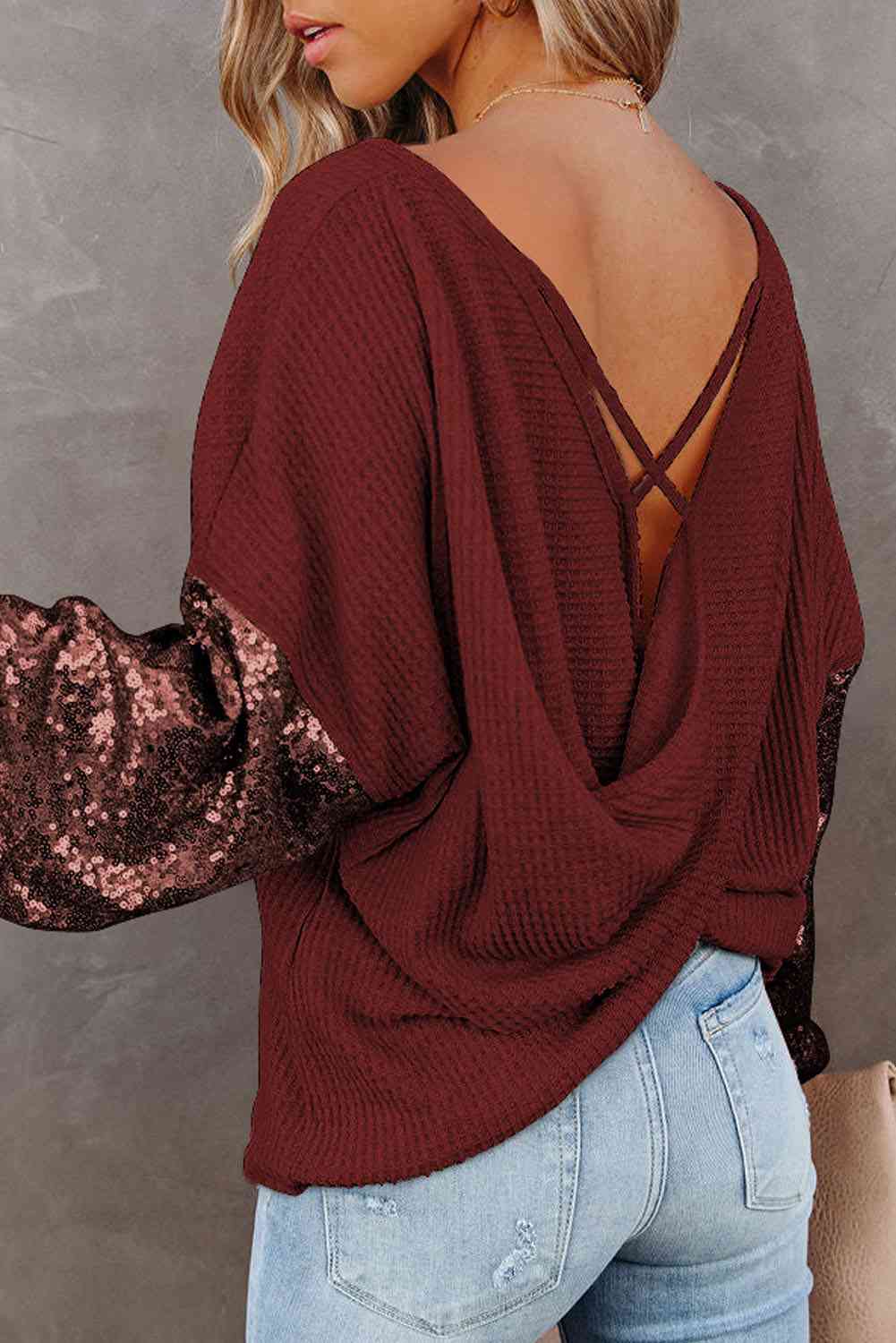 Two Way Any Place Punch Sequin Waffle-Knit Blouse
