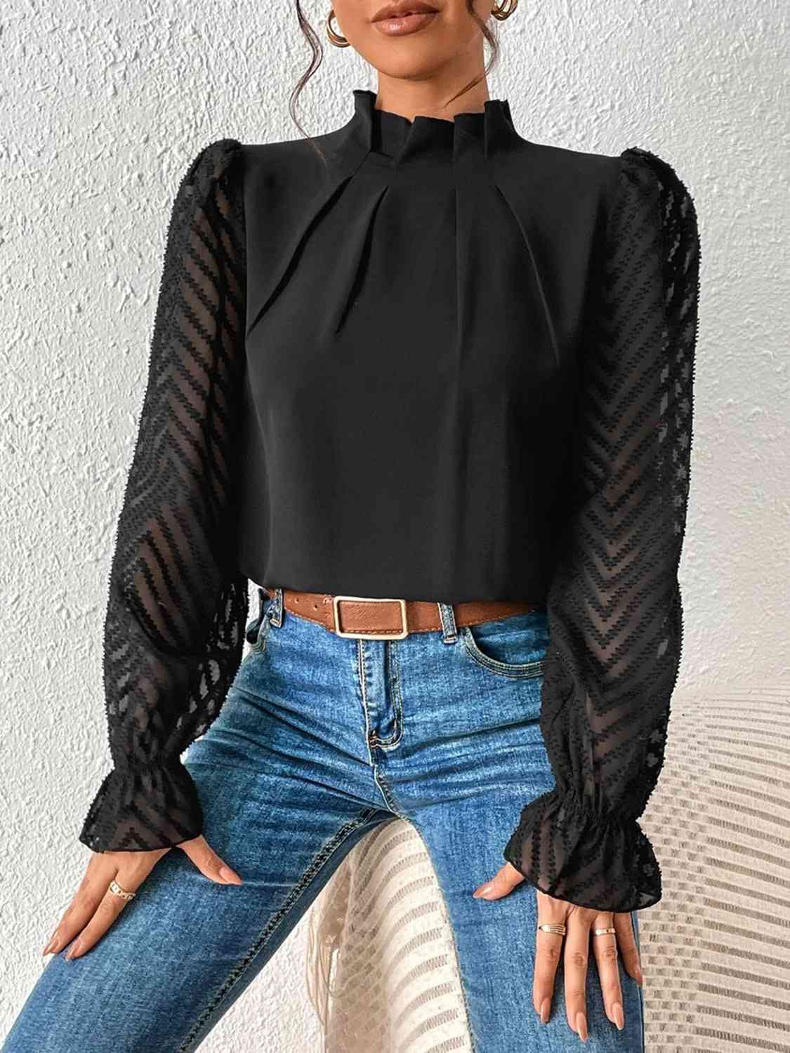 Ruffled Mock Neck anyplace meeting Flounce Sleeve Blouse