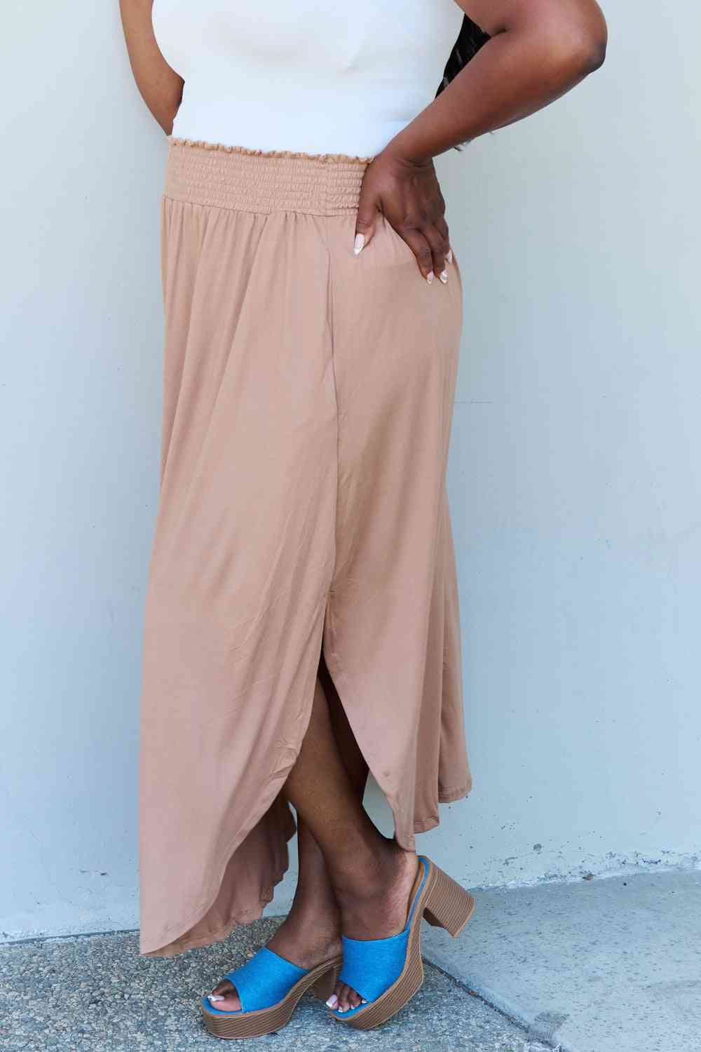 Comfort Easycare Princess Full Size High Waist Scoop Hem Maxi Skirt in Tan