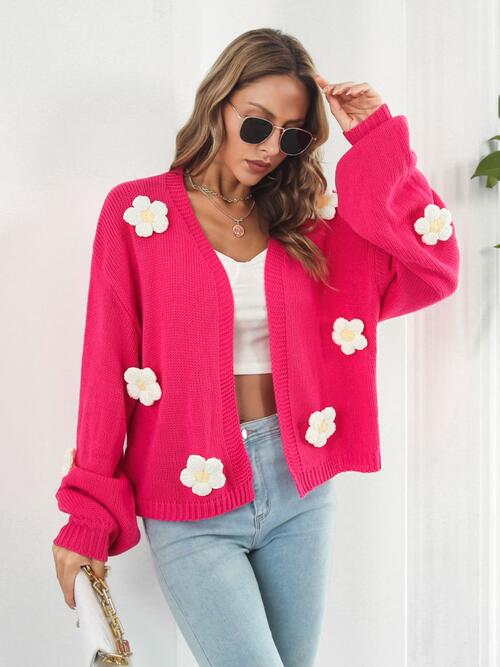 White Floral on Pink Open Front Long Sleeve Cardigan