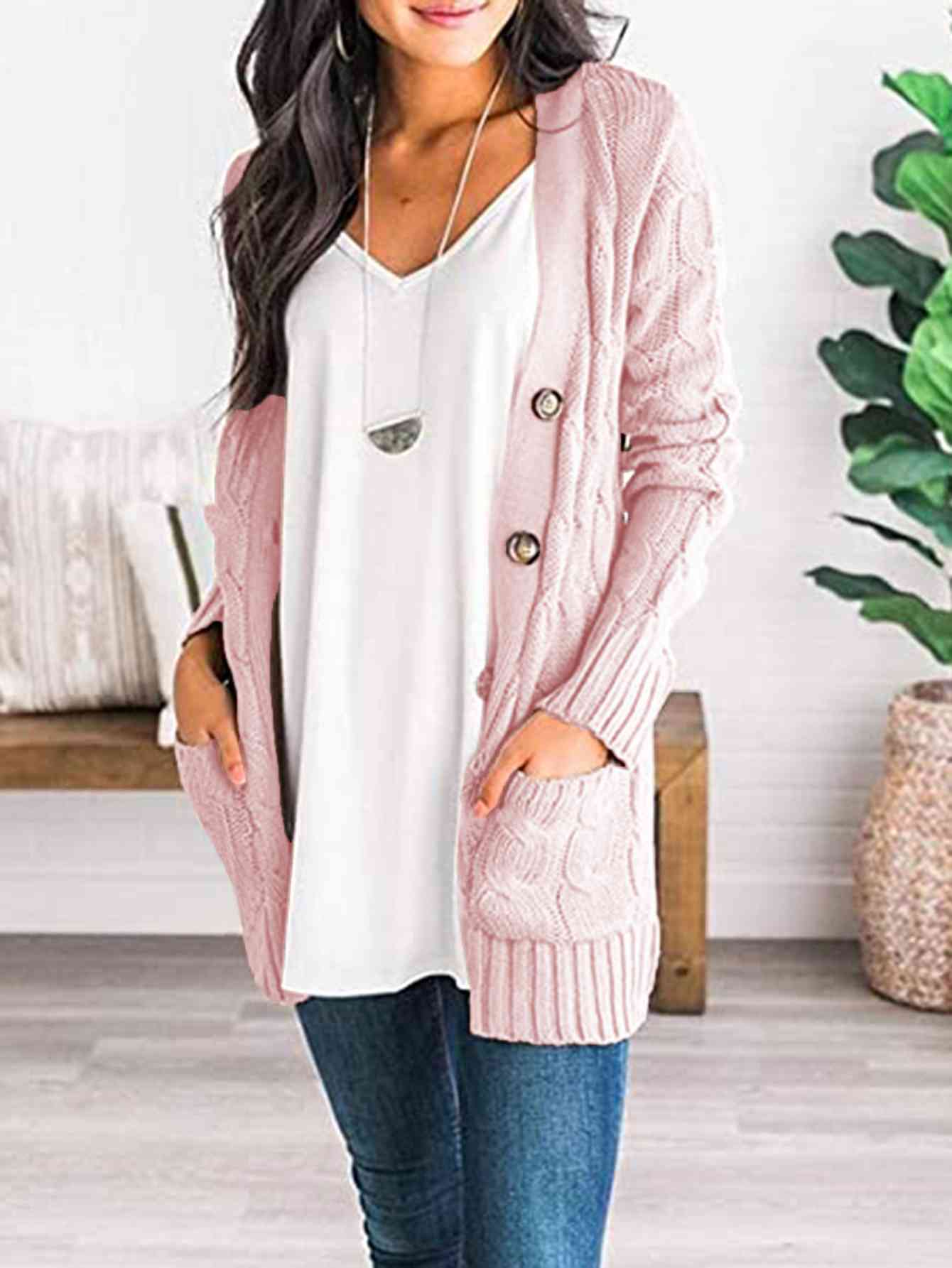 Husband and Wife night Dating Cable-Knit Buttoned Cardigan with Pockets