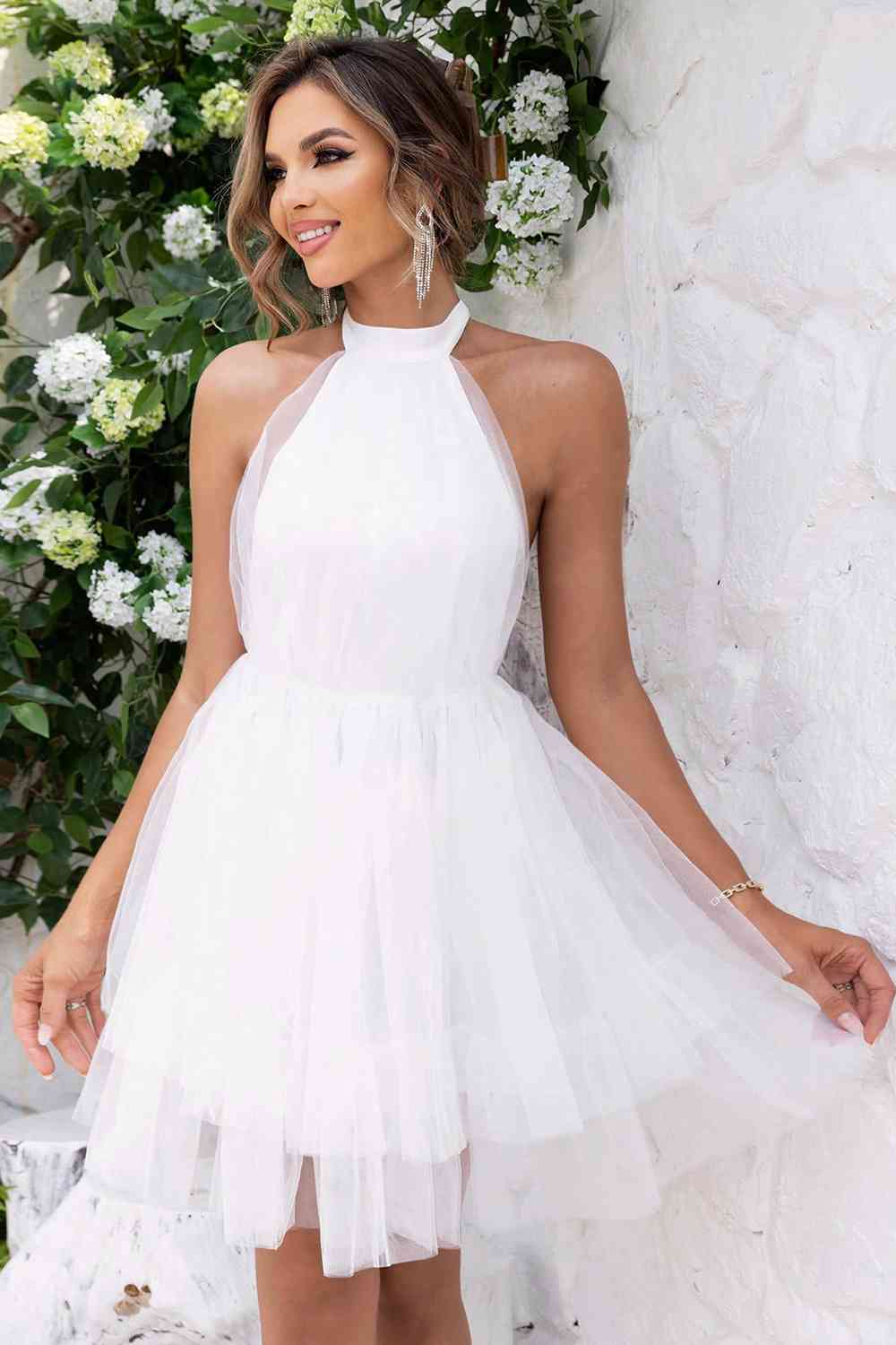 Sheer Fabric Halter Neck Backless Mesh Dress