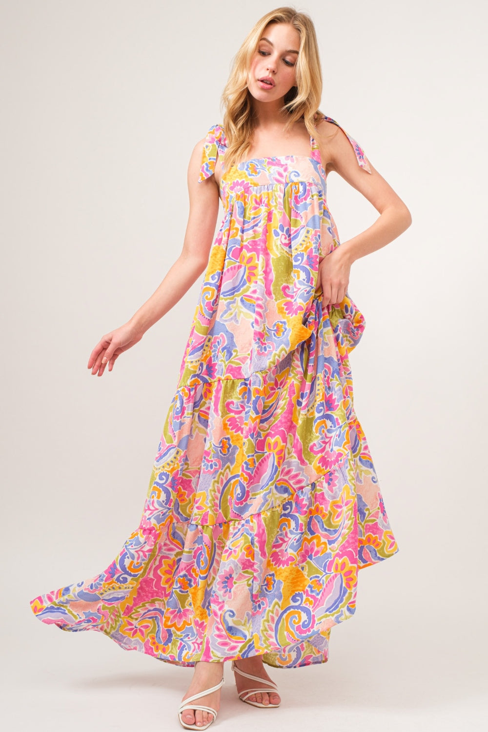 Multi Color Floral Printed Tie Shoulder Tiered Maxi Dress