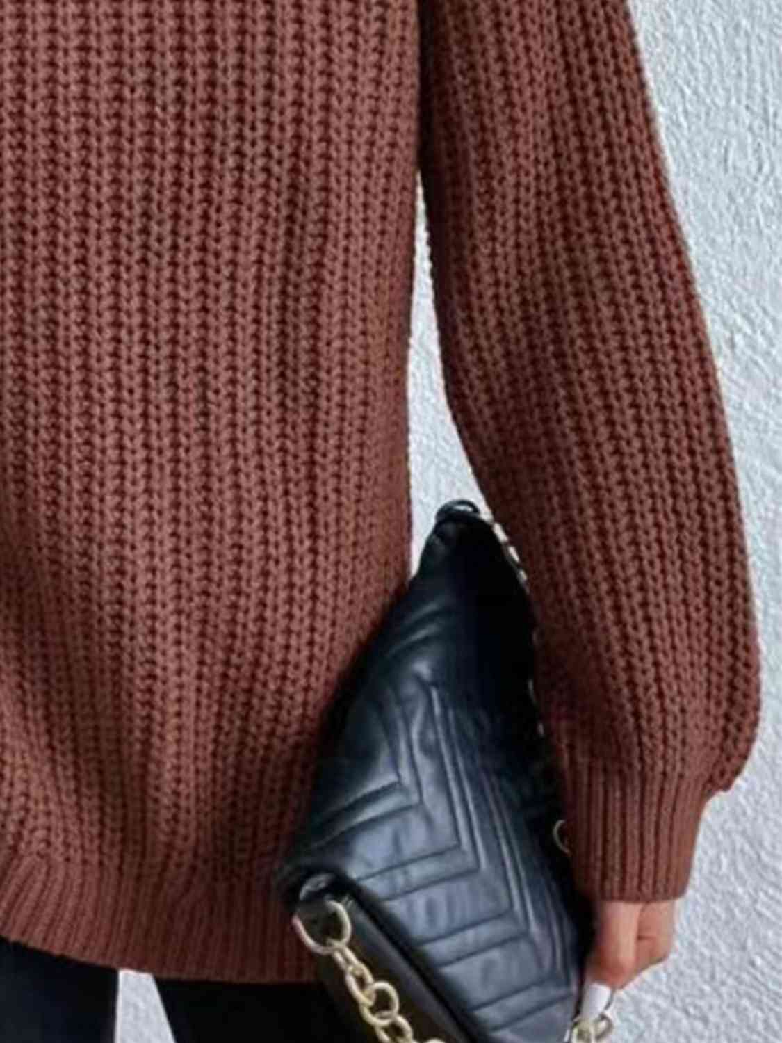Full Size Turtleneck Rib-Knit Old Classic Forever Slit Sweater