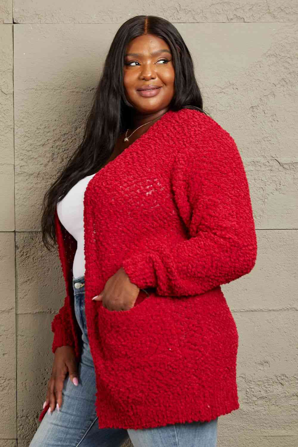 Deep Red Zenana Falling puff fur Full Size Open Front Popcorn Cardigan