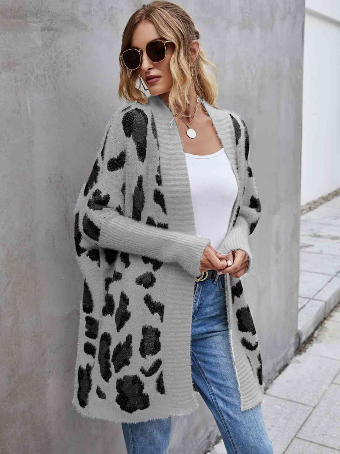 White Brown Animal pattern Contrast Leopard Pattern Sands Fuzzy Cardigan