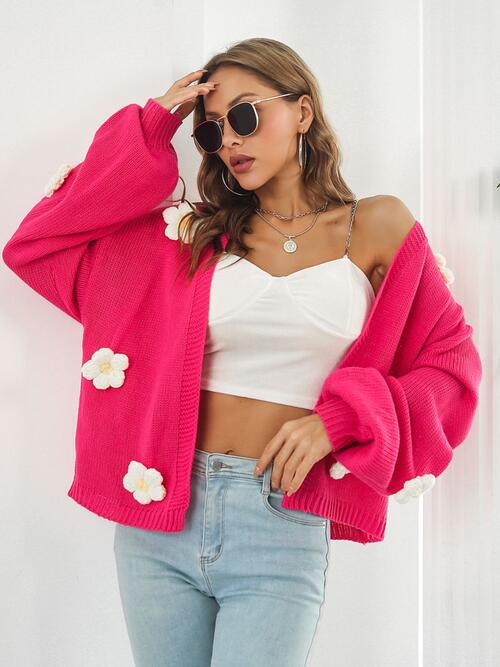 White Floral on Pink Open Front Long Sleeve Cardigan