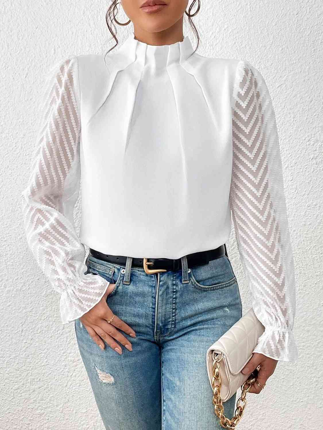 Ruffled Mock Neck anyplace meeting Flounce Sleeve Blouse