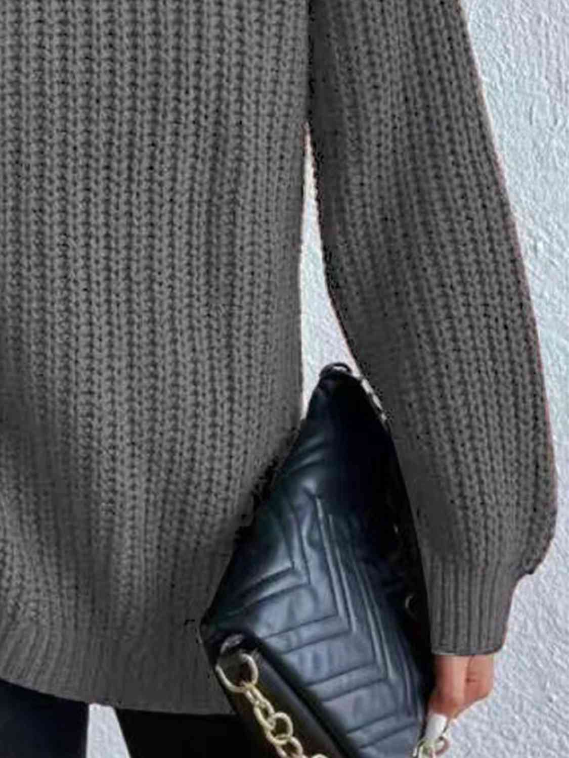 Full Size Turtleneck Rib-Knit Old Classic Forever Slit Sweater