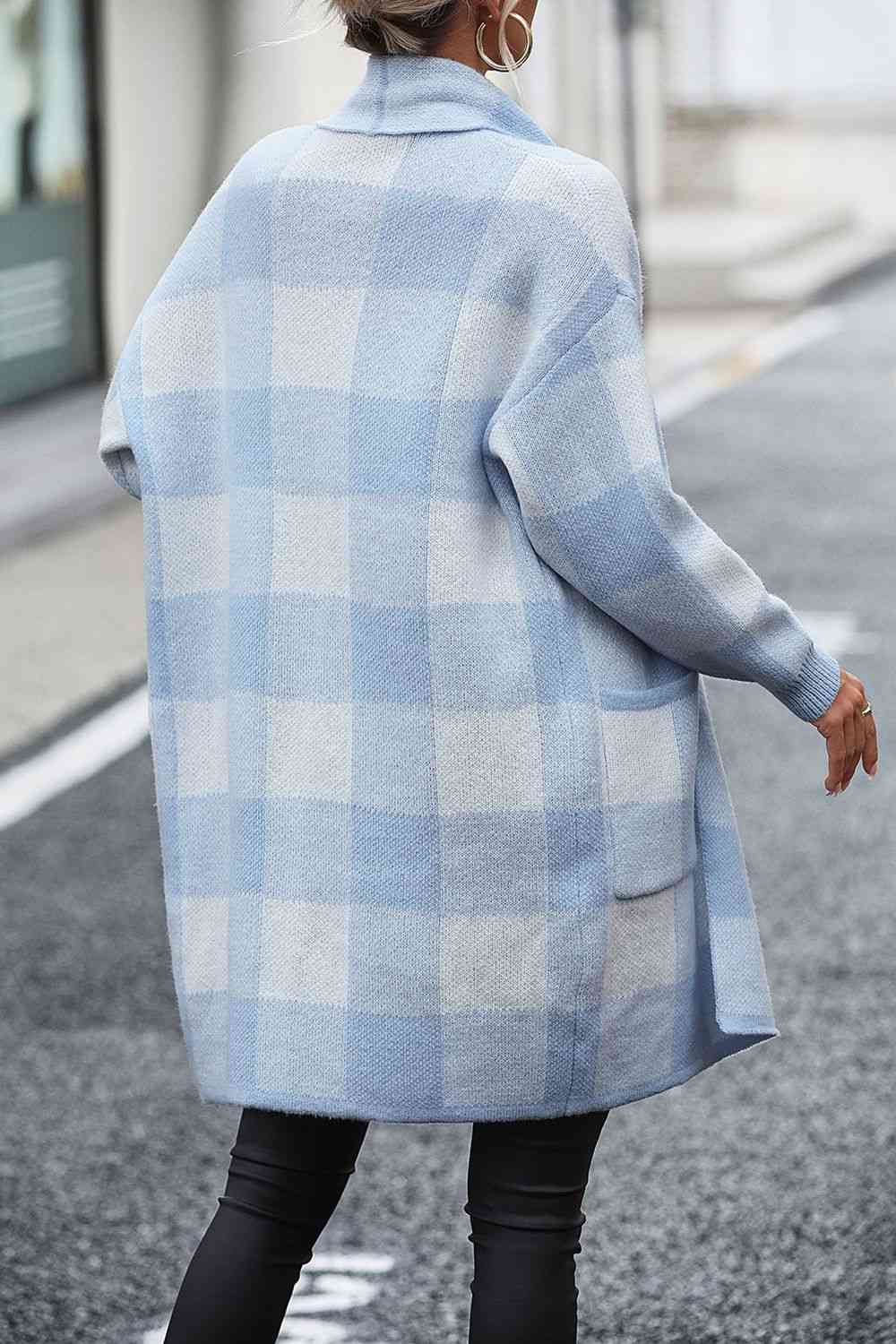 Big Plaid Dropped Shoulder Cardigan with Pocket