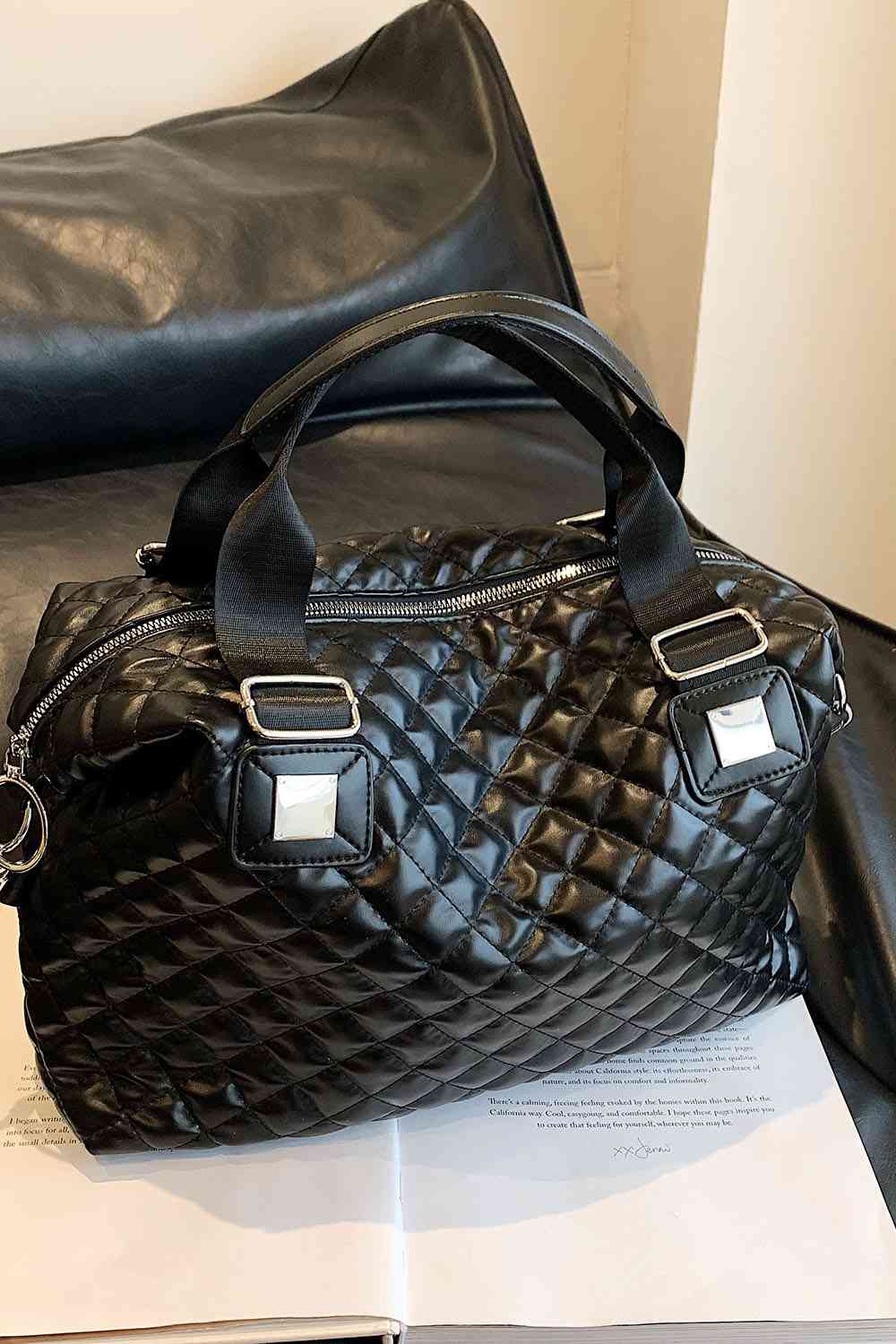 Embossing Squre Metal Button quilted PU Leather Handbag, Black, Brown,Ivory