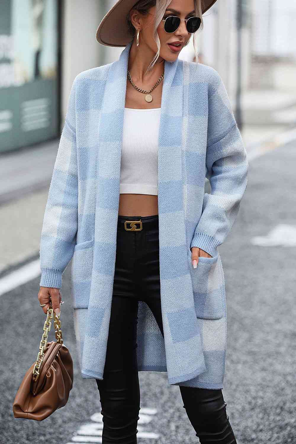 Big Plaid Dropped Shoulder Cardigan with Pocket