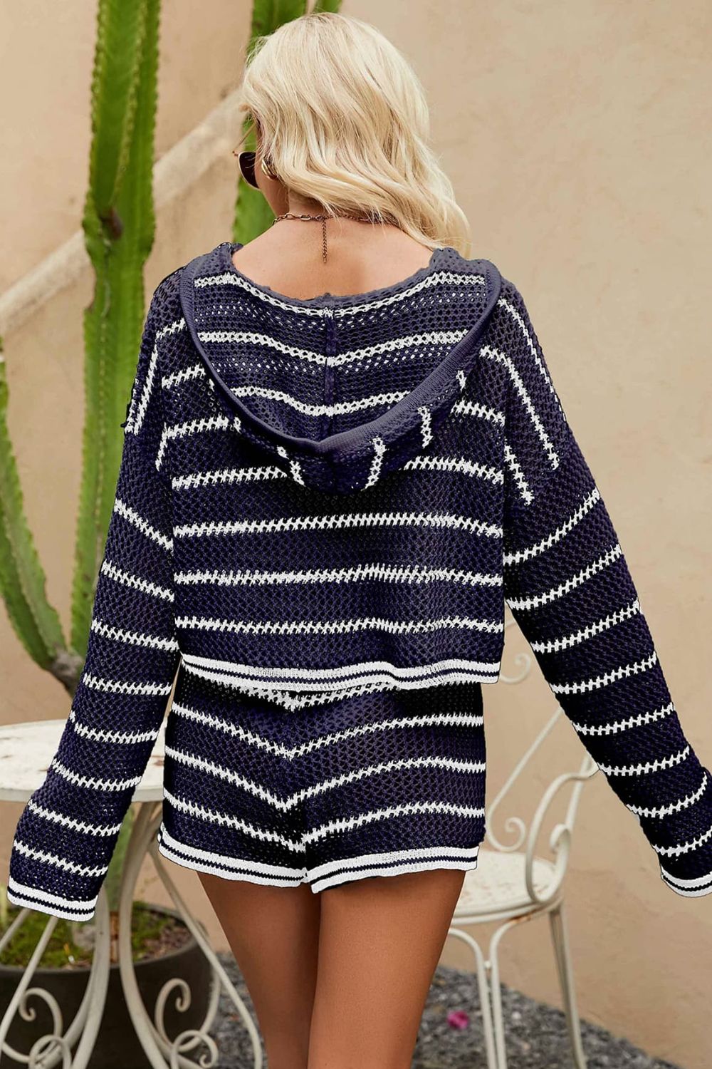 Sun Black and White Striped Openwork Knit Hoodie and Shorts Set
