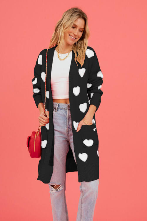 Heart Graphic Patterned Open Front Cardigan with Pockets