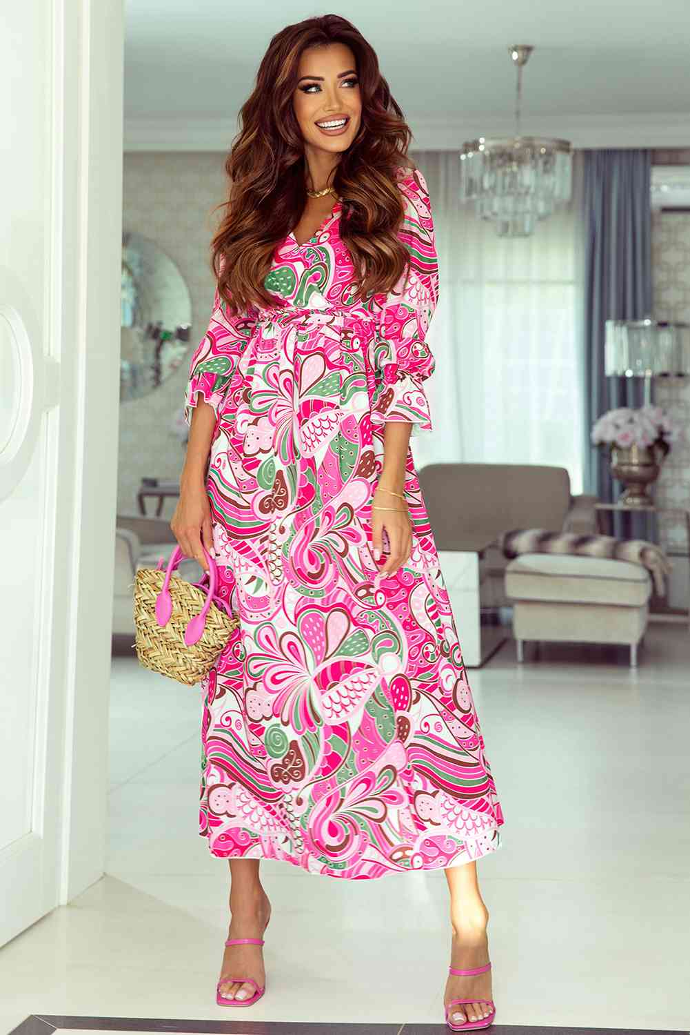 Pink Sweet Green Paisley pattern retro Printed Surplice Neck Flounce Sleeve Dress