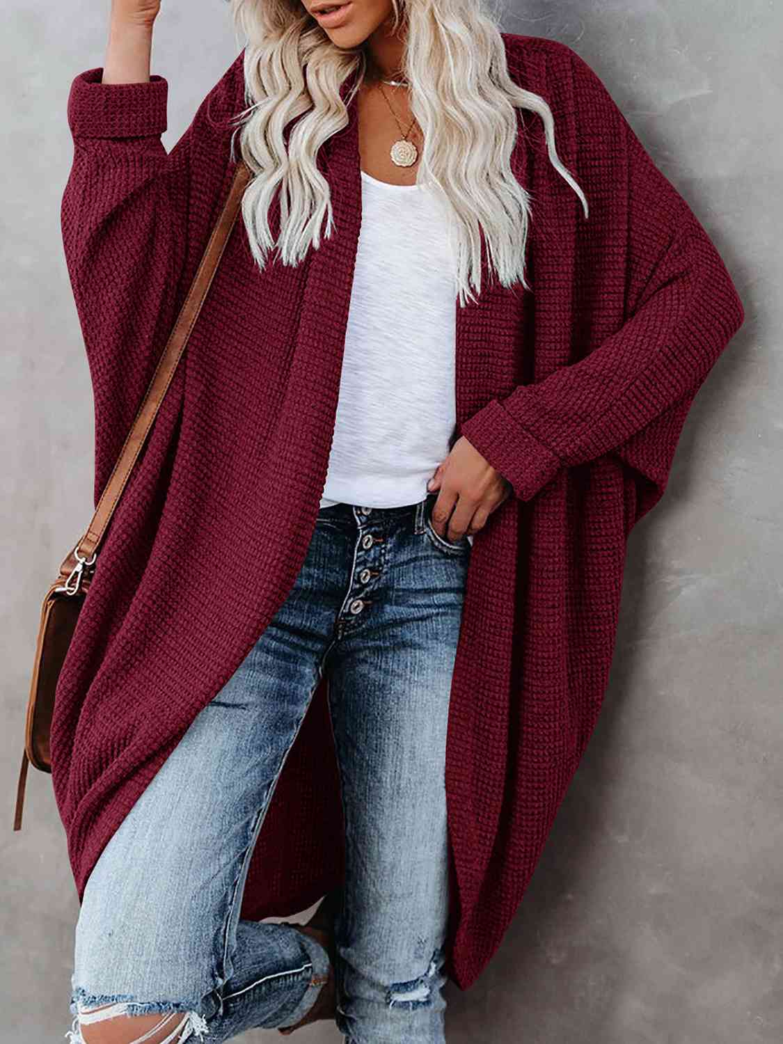 Cream Pink Box Open Front Long Sleeve Cardigan