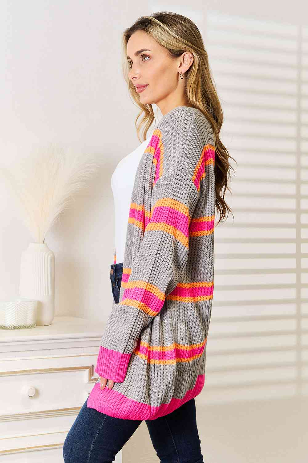 Pink and Orange Woven Stripe Right Ribbed Long Sleeve Cardigan