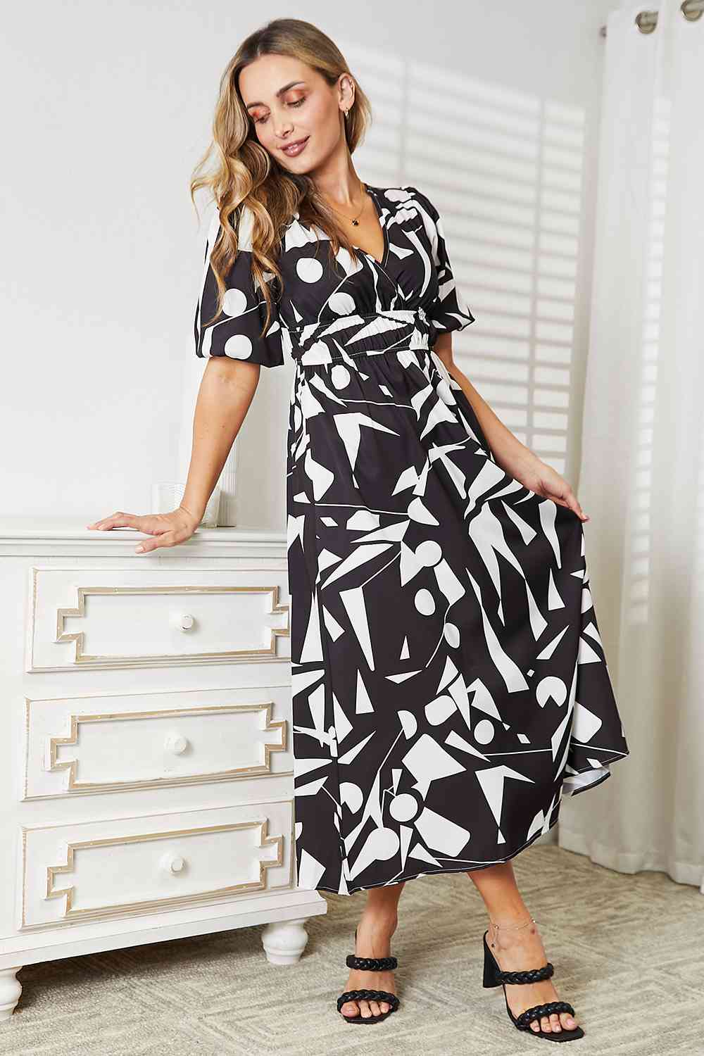 Organic Mud leaves Double Take Printed Surplice Balloon Sleeve Dress