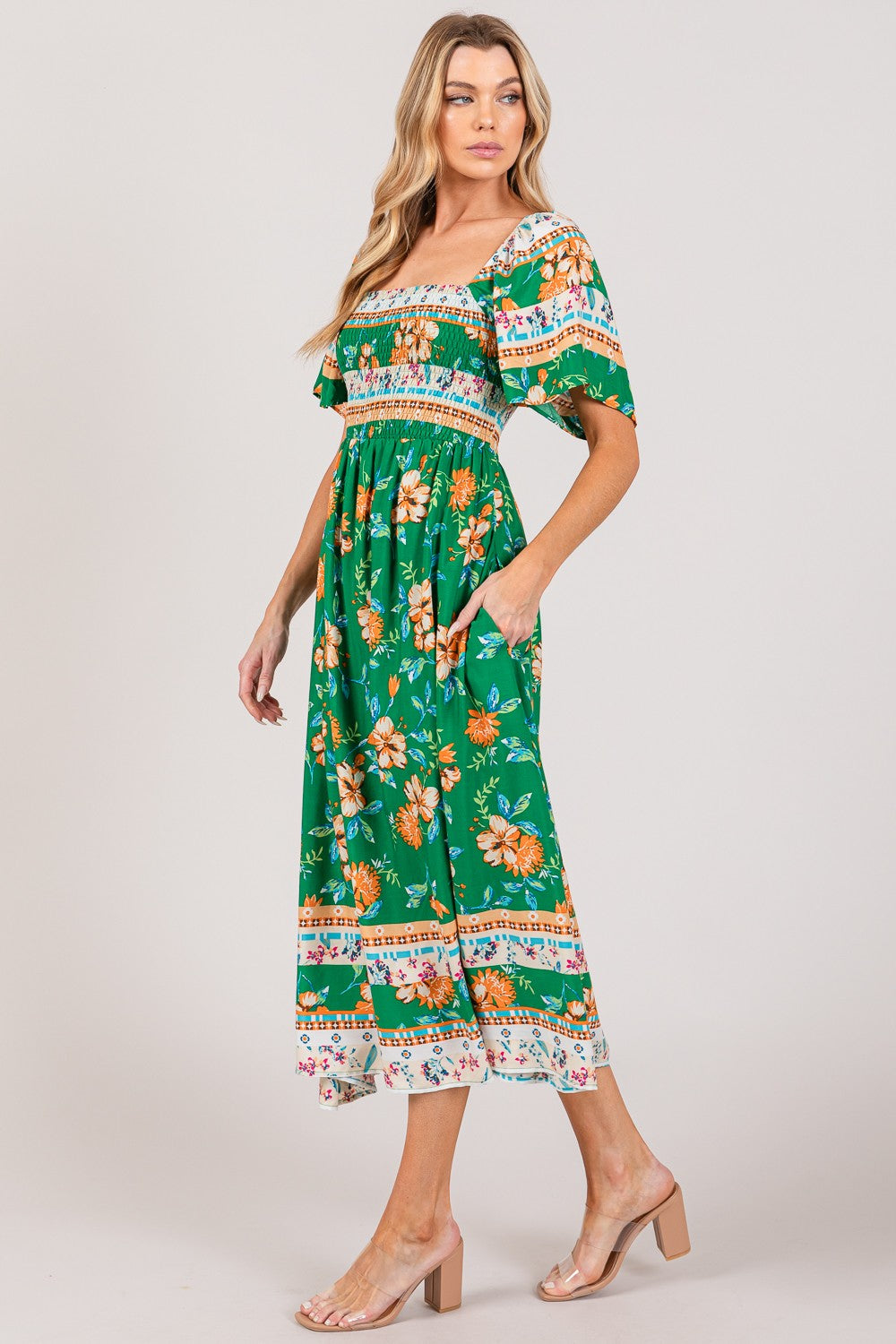 Square Neck Printed Smocked Short Sleeve Midi Dress