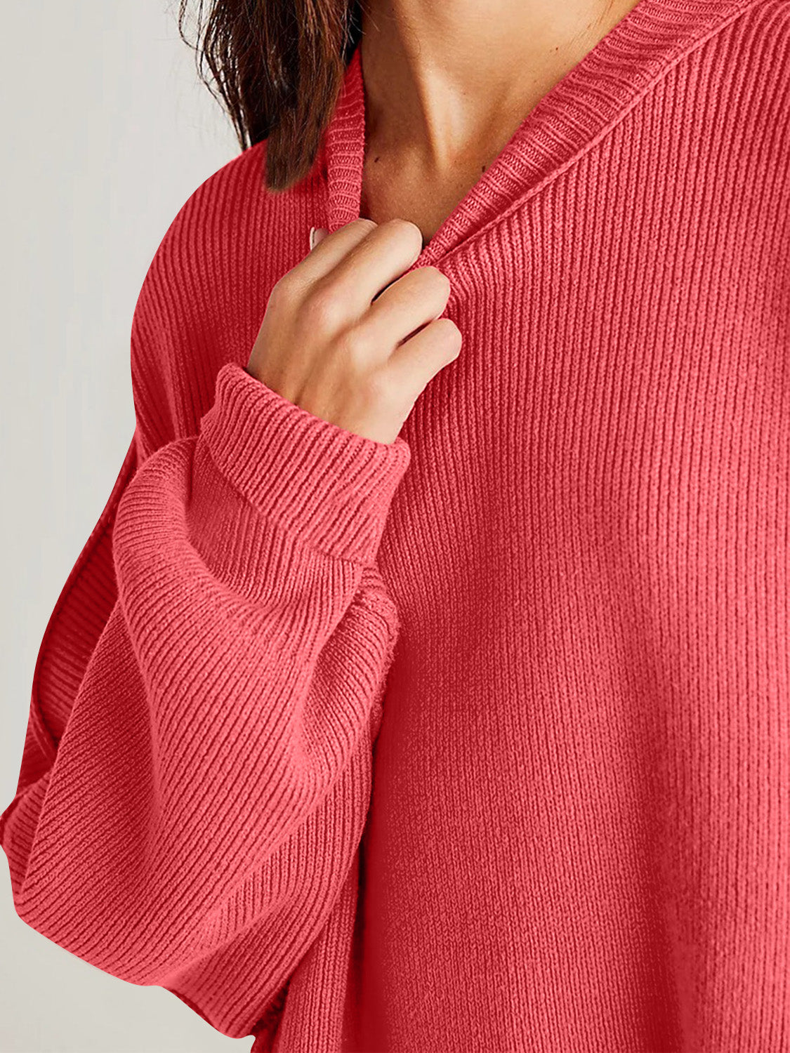 Oversize fitted Double Take Side Slit Round Neck Long Sleeve Sweater