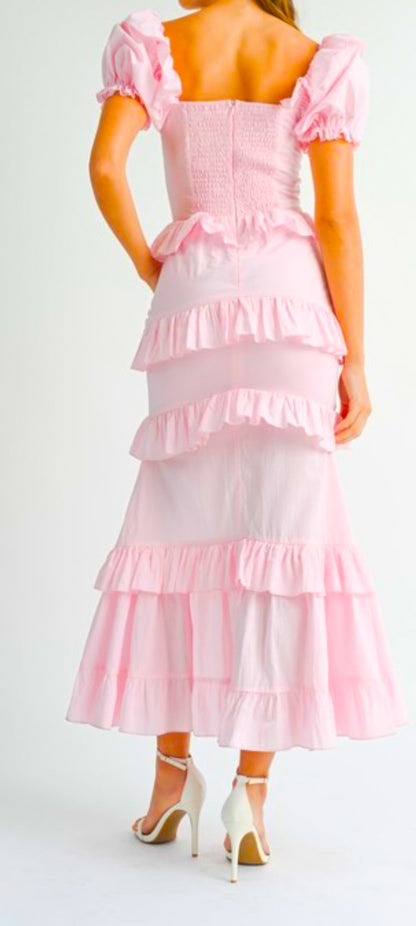 Pink Poplin Puff Shoulder and Ruffle Sleeve maxi Dress