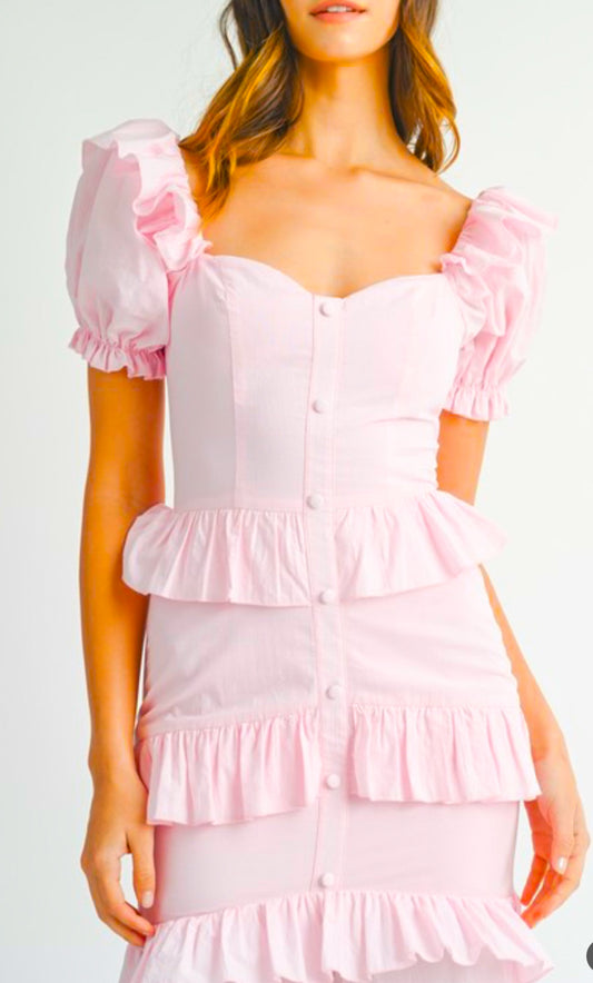 Pink Poplin Puff Shoulder and Ruffle Sleeve maxi Dress