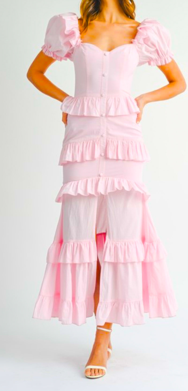 Pink Poplin Puff Shoulder and Ruffle Sleeve maxi Dress