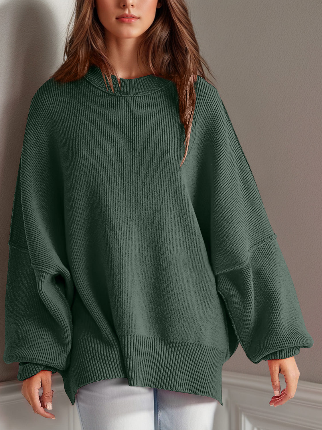 Oversize fitted Double Take Side Slit Round Neck Long Sleeve Sweater