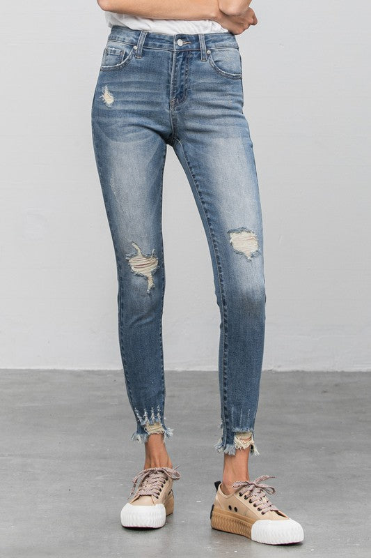 Spring Distressed Raw Hem Skinny Jeans