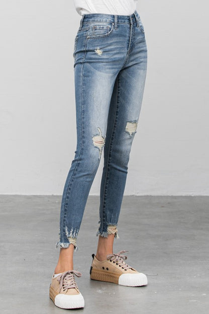 Spring Distressed Raw Hem Skinny Jeans