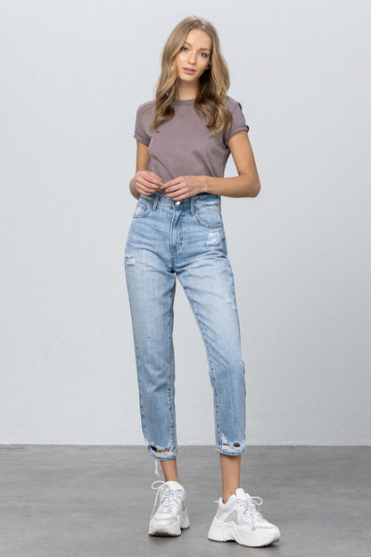 High Waist Ripped Hem Tapered Jeans