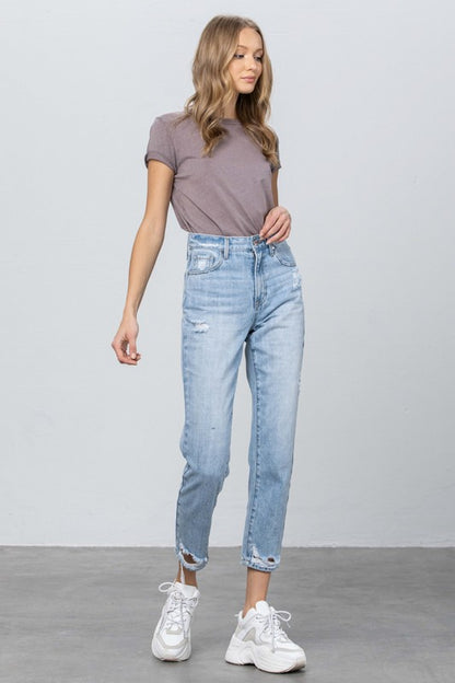 High Waist Ripped Hem Tapered Jeans