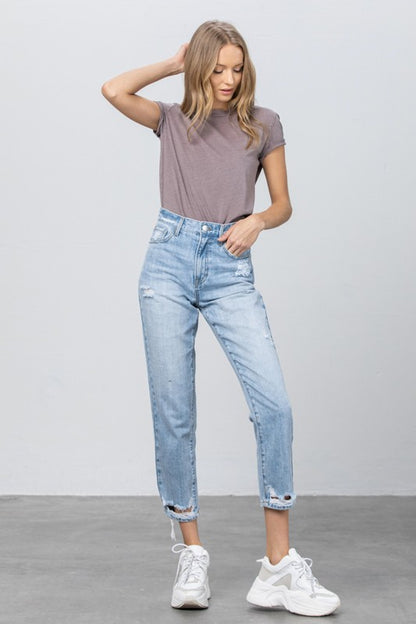 High Waist Ripped Hem Tapered Jeans