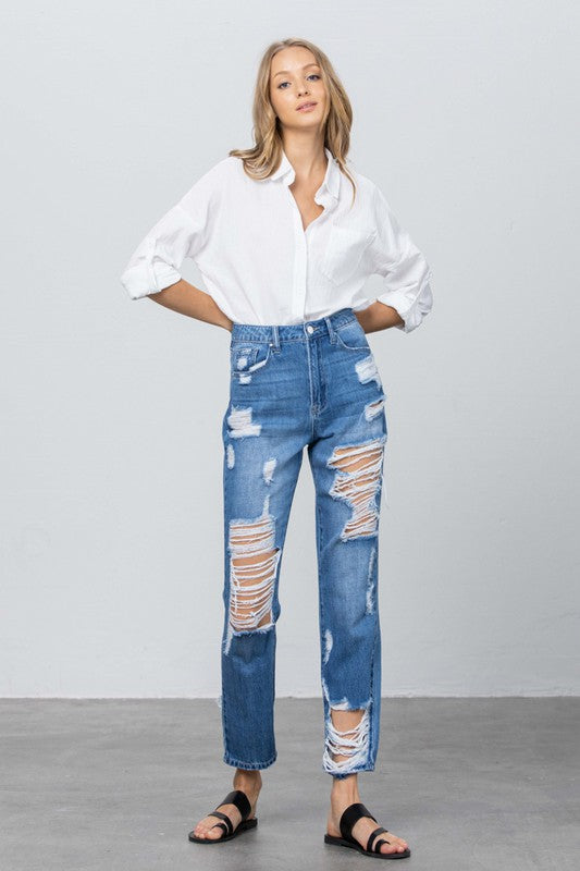 HIGH RISE DESTROYED STRAIGHT JEANS