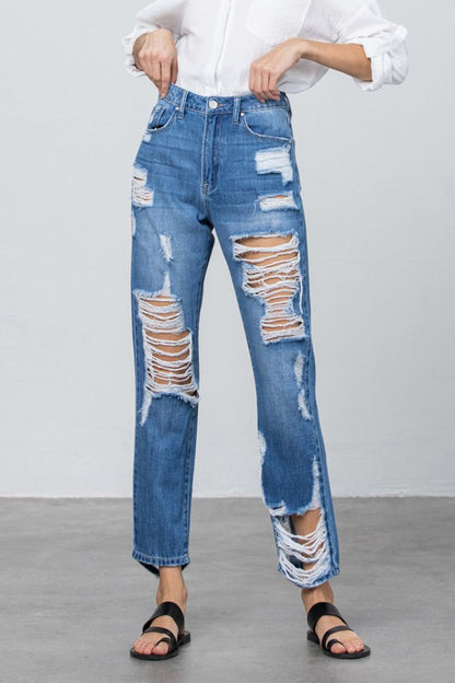 HIGH RISE DESTROYED STRAIGHT JEANS